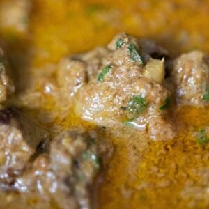Close-up of a rich beef curry with herbs and spices, showcasing its texture and colors.
