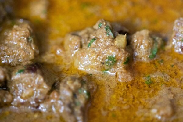 Close-up of a rich beef curry with herbs and spices, showcasing its texture and colors.